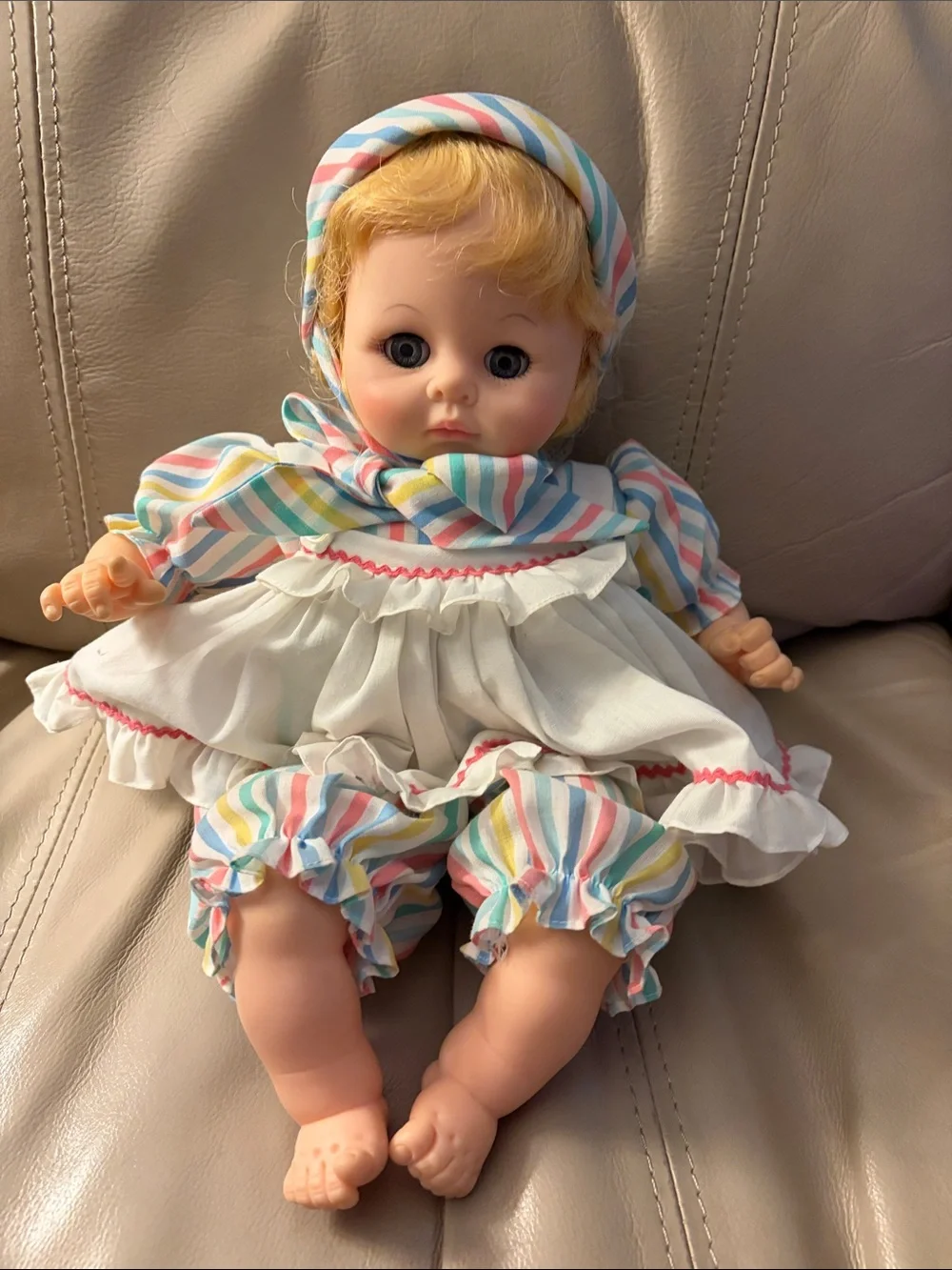 Vintage- Madame Alexander Baby Doll in White Dress with Multicolor Stripes